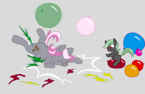 Silver Storm and her daughter Foundation playing with balloons.  Silver Storm is too heavy and strong to balance on hers without breaking it, but Foundation has no trouble.