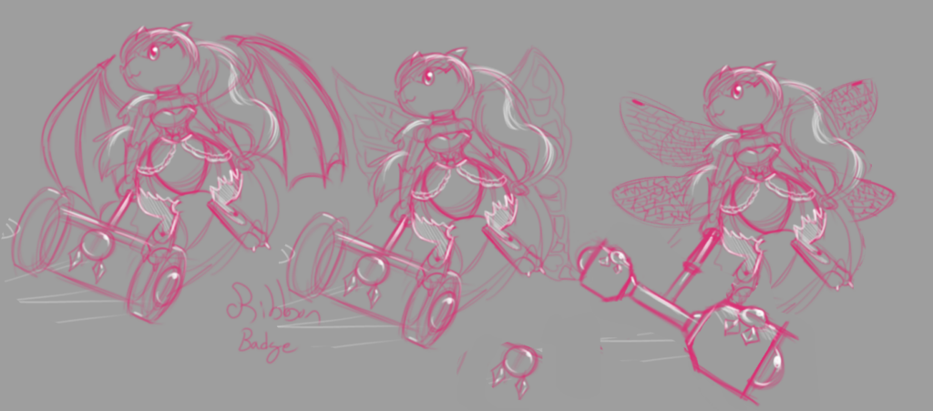 Some more sketches of Ribbon Badge with her actual hair and wings. The right-most version here is closer to the intended look, bunnysuit, holographic dragonfly wings, and a more technically accurate Pafu Pafu hammer.